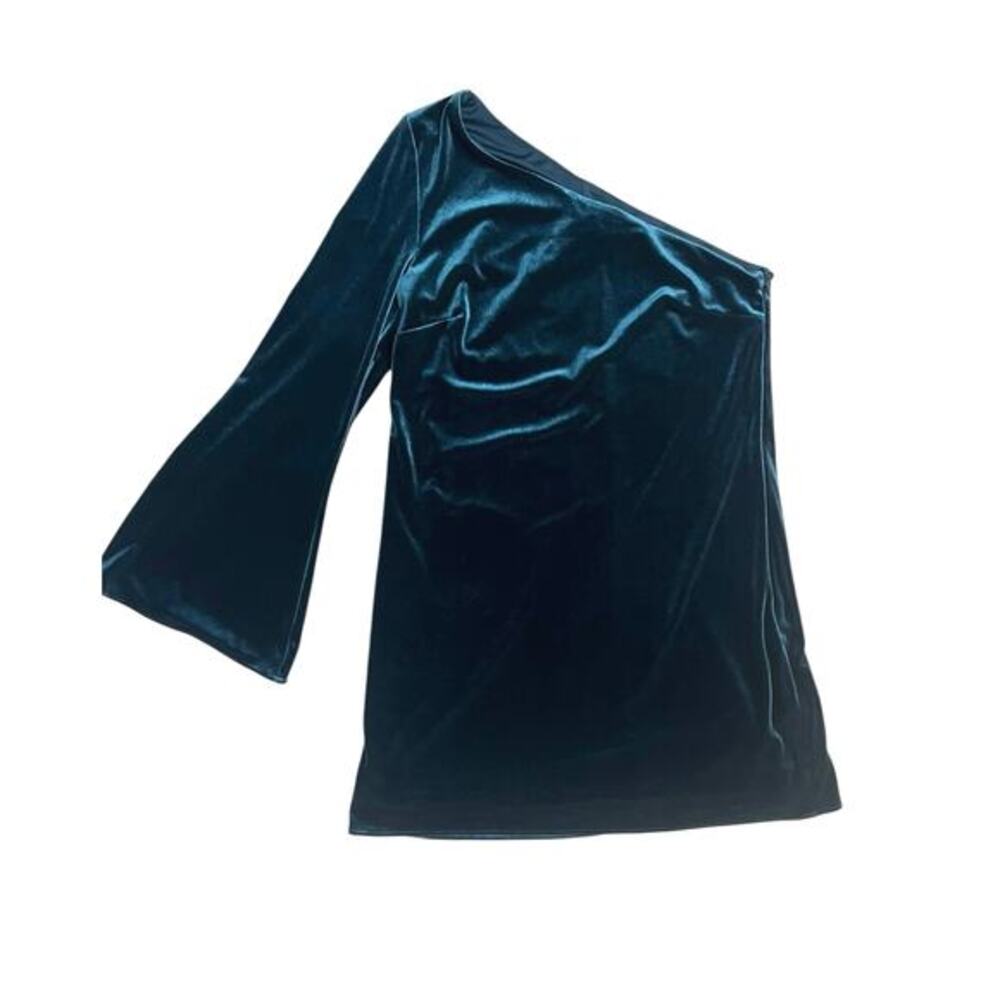 French Connection Aurore Velvet One Shoulder Mini Dress Teal Bell Sleeve Mini 8